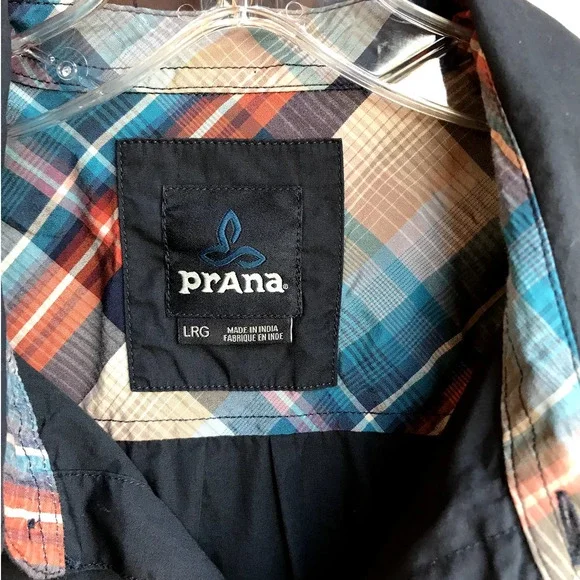Prana Mens Organic Cotton Navy Short Sleeve Button Up Shirt size L - Picture 3 of 6
